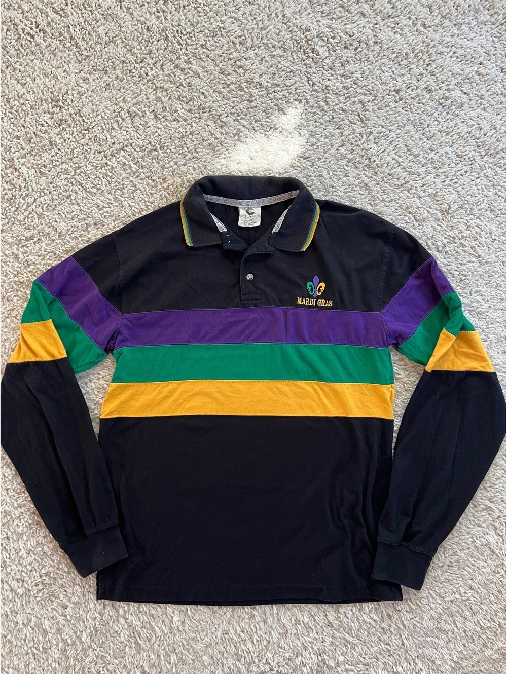 Mardi Gras Colorblock Rugby Shirt Adult L Long Sleeve Embroidered Cotton
